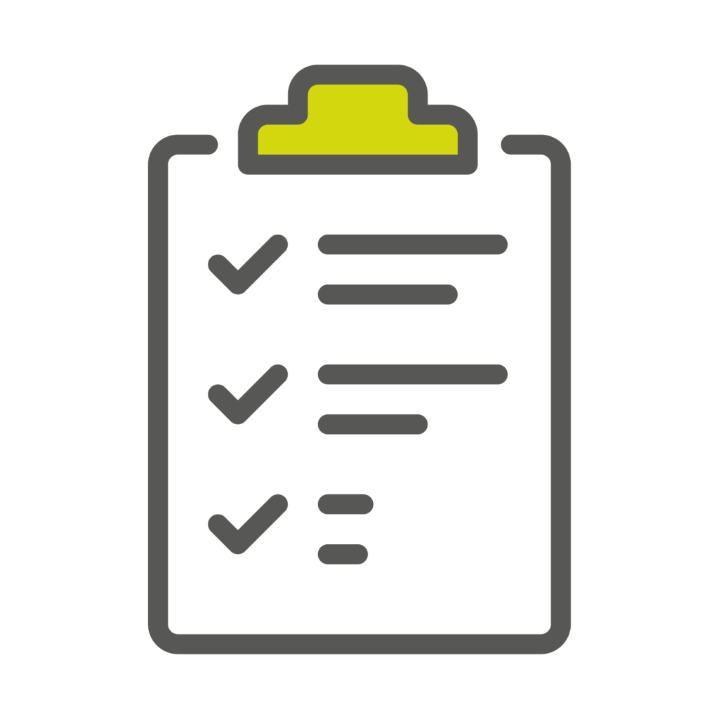 Icon von einem rechteckigen Klemmbrett im Hochformat mit grüner Halterung im oberen Bereich. Darunter sind graue Häckchen und je zwei Linien daneben.
