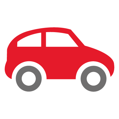 Icon von einem roten Auto mit grauen Rädern. Es ist die Seitenansicht zu sehen.