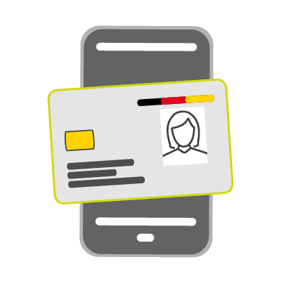 Icon von einem grauen Smartphone. Auf dem Smartphone liegt eine rechteckige Karte mit grüner Kontur. Auf der Karte ist links ein Chip und links ein Bild von einer Frau zu sehen. Darüber sind die Balken schwarz, rot, gold.