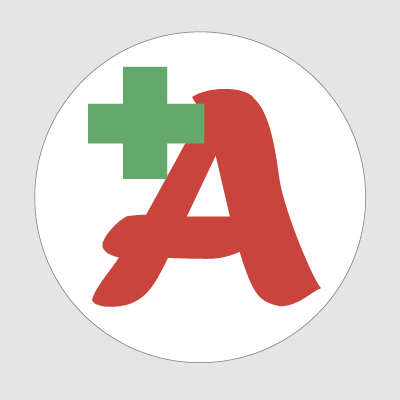 Logo von der MeineApotheke-App. Ein rotes A und ein grünes Kreuz sind gemeinsam in einem weißen Kreis zu sehen.